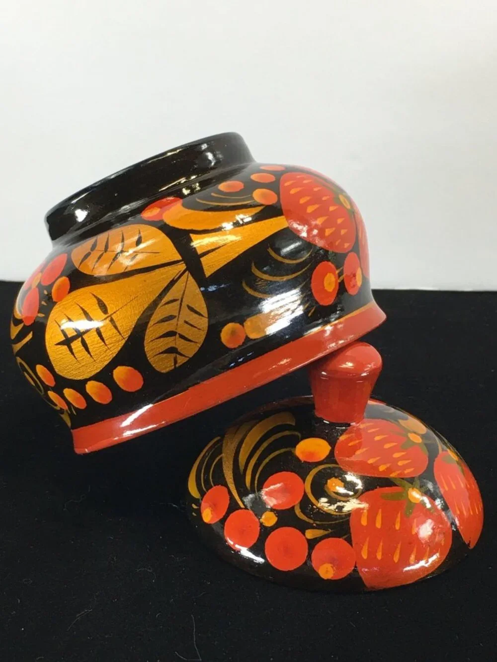 Vintage Russian Khokhloma Lacquered Wood Jar with Lid Painted Red Black